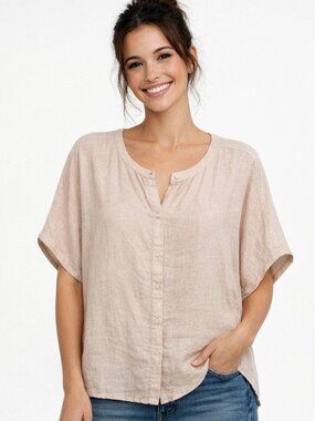 Tahari Linen Shirt M Blush Beige Coastal Minimalist Quiet Luxury Resort Chic